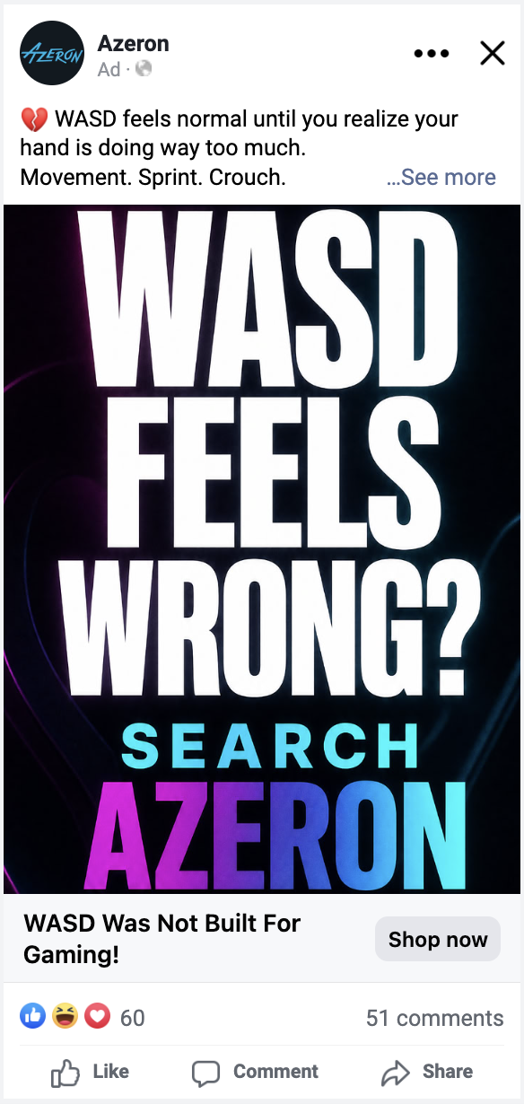 Azeron prospecting reklāma ar tekstu WASD feels wrong
